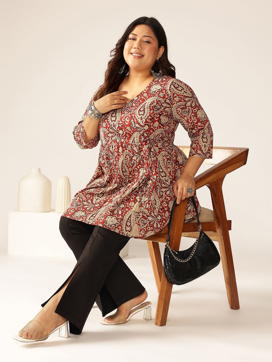 Janasya Dark Cotton Paisley Peplum Tunic - Distacart