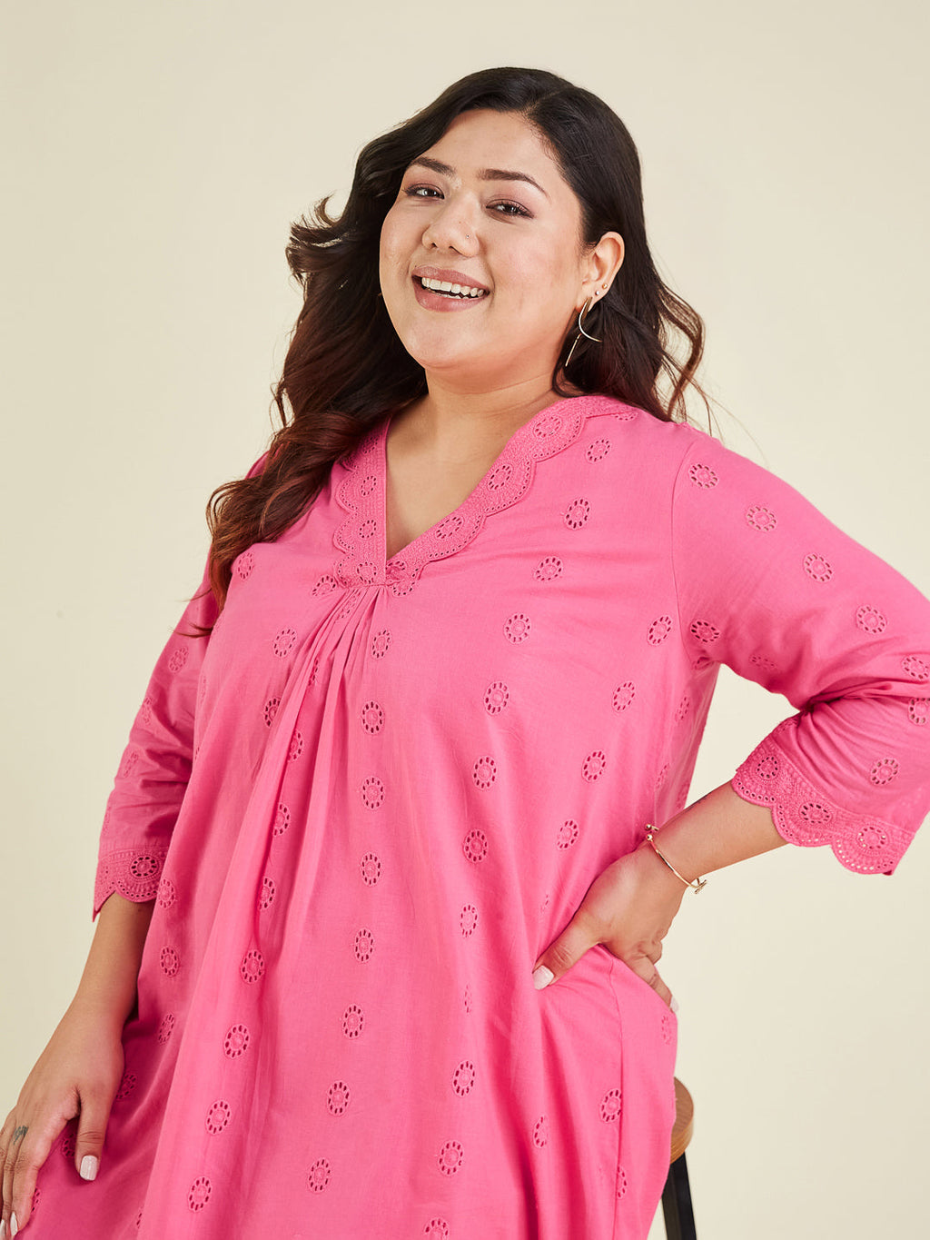 Janasya Bright Cotton Schiffli A-Line Tunic - Distacart