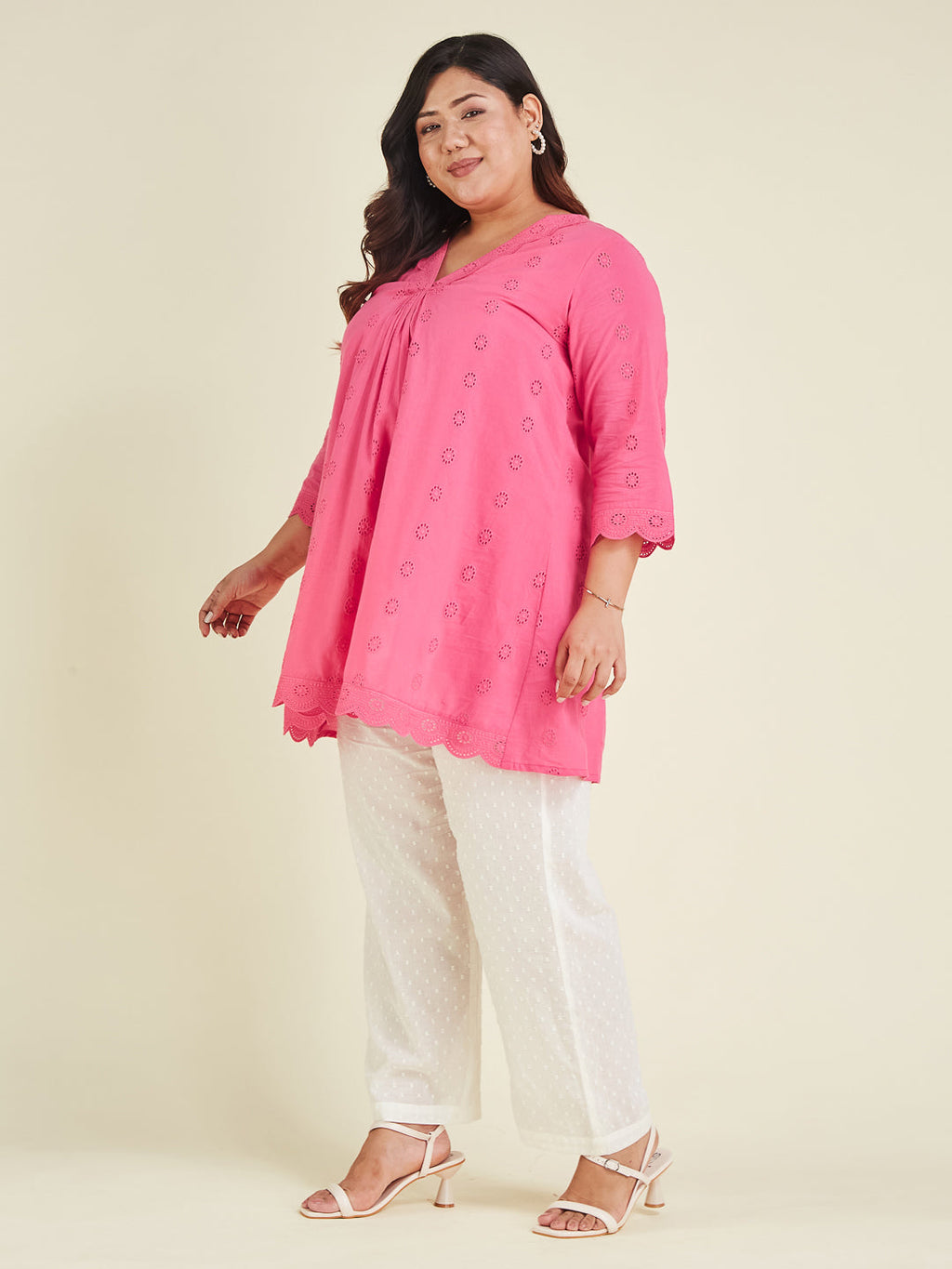 Janasya Bright Cotton Schiffli A-Line Tunic - Distacart