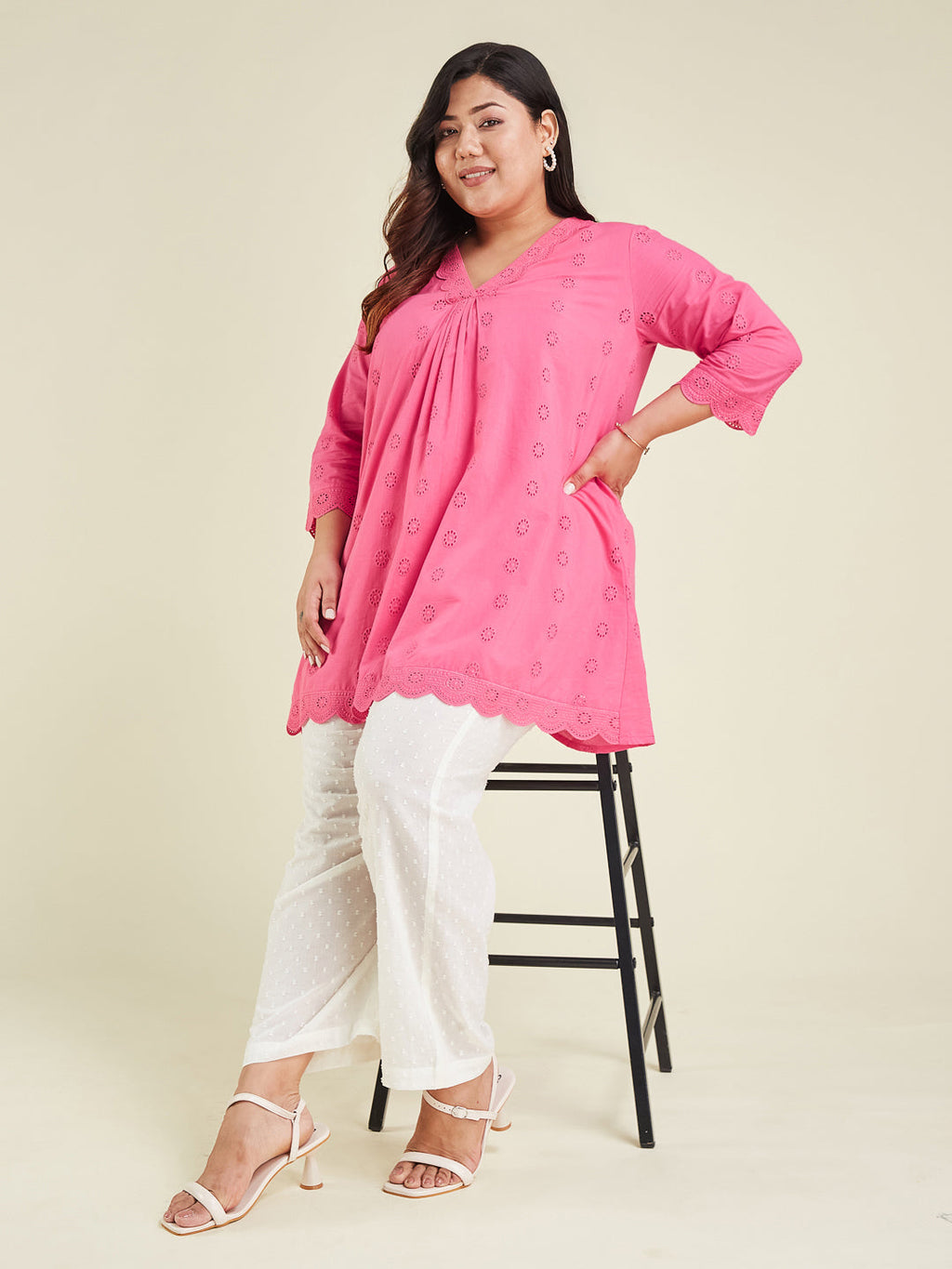 Janasya Bright Cotton Schiffli A-Line Tunic - Distacart
