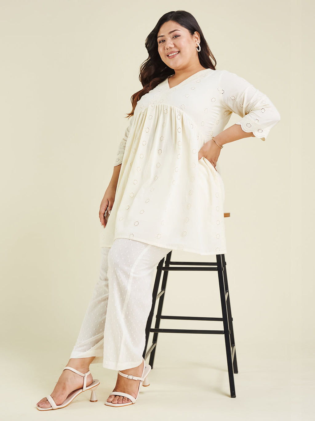 Janasya Light Cotton Schiffli A-Line Tunic - Distacart