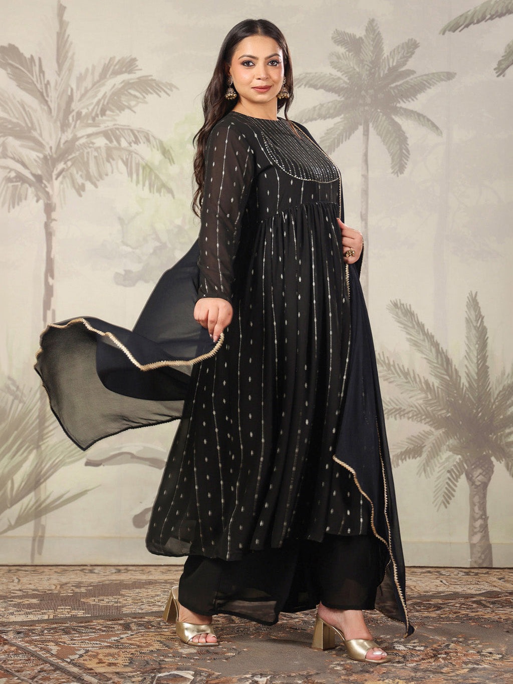 Janasya Dark Georgette Foil Print Anarkali Kurta Set