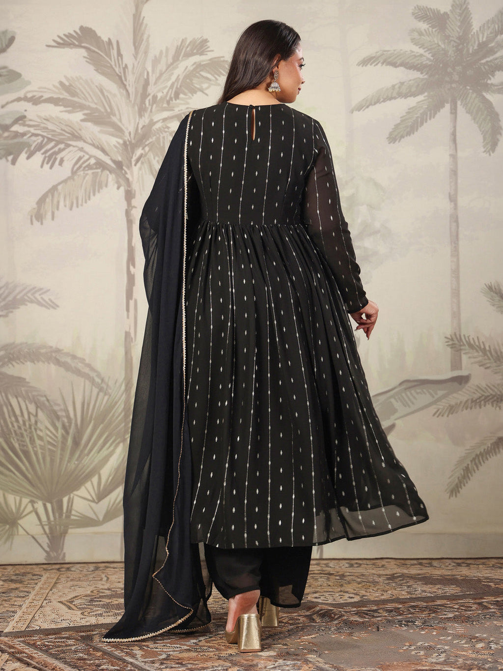 Janasya Dark Georgette Foil Print Anarkali Kurta Set