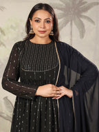 Janasya Dark Georgette Foil Print Anarkali Kurta Set