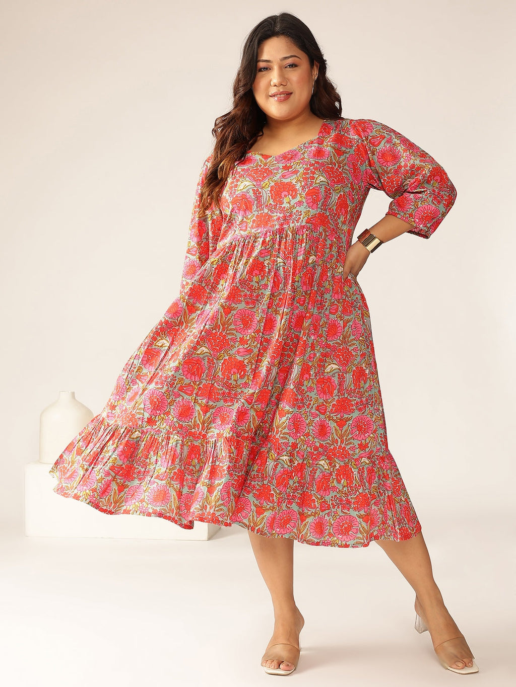 Janasya Bright Cotton Floral Flared Dress - Distacart