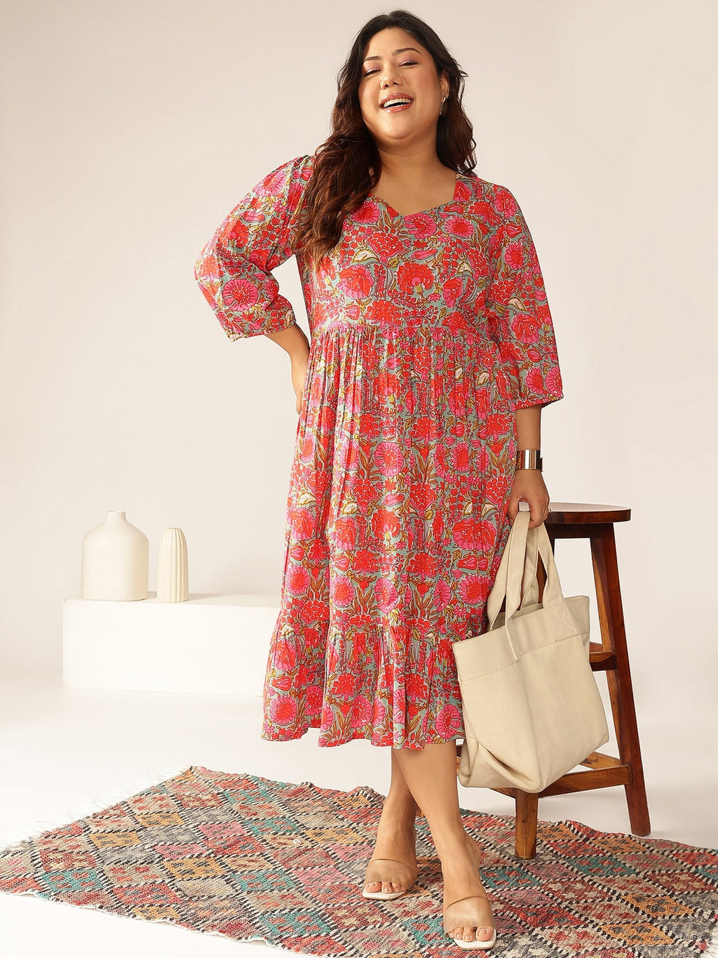Janasya Bright Cotton Floral Flared Dress - Distacart