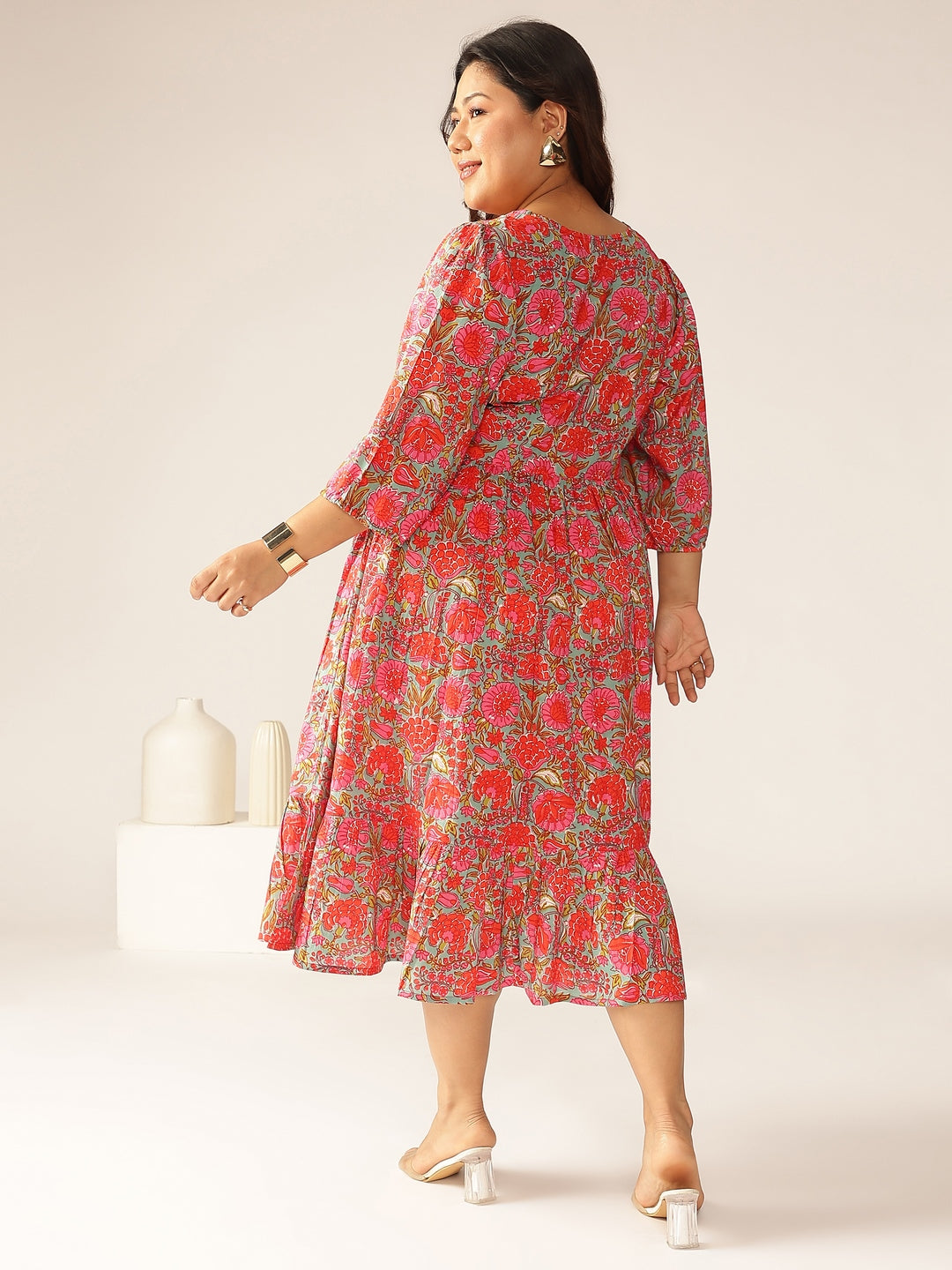 Janasya Bright Cotton Floral Flared Dress - Distacart