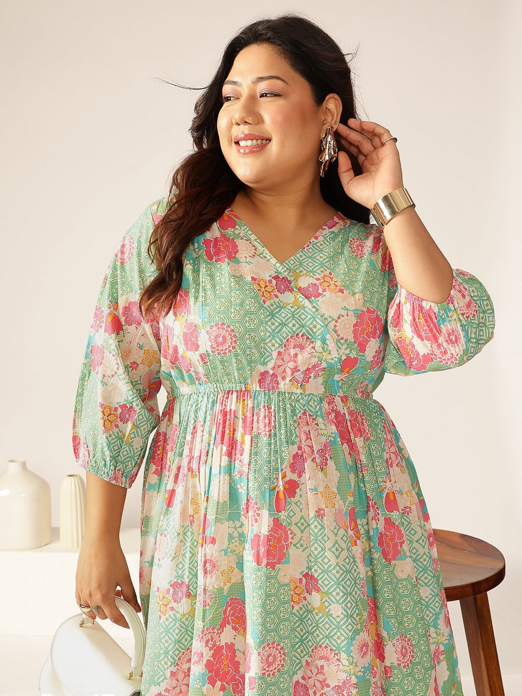 Janasya Bright Cotton Floral A-Line Dress - Distacart