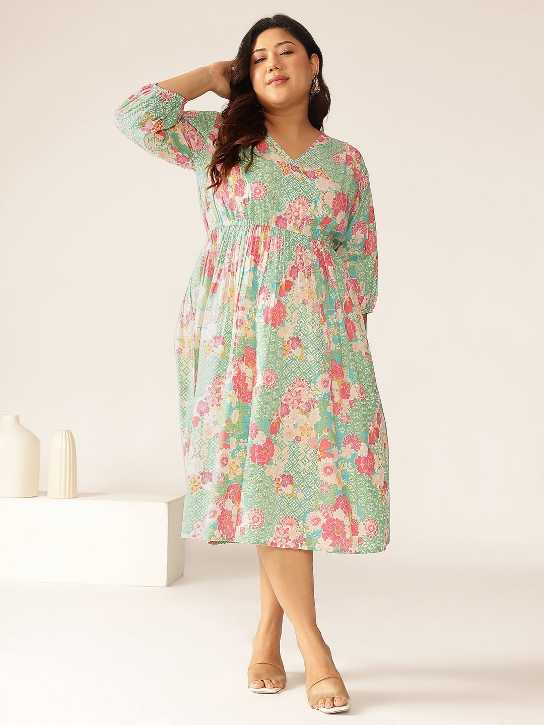 Janasya Bright Cotton Floral A-Line Dress - Distacart