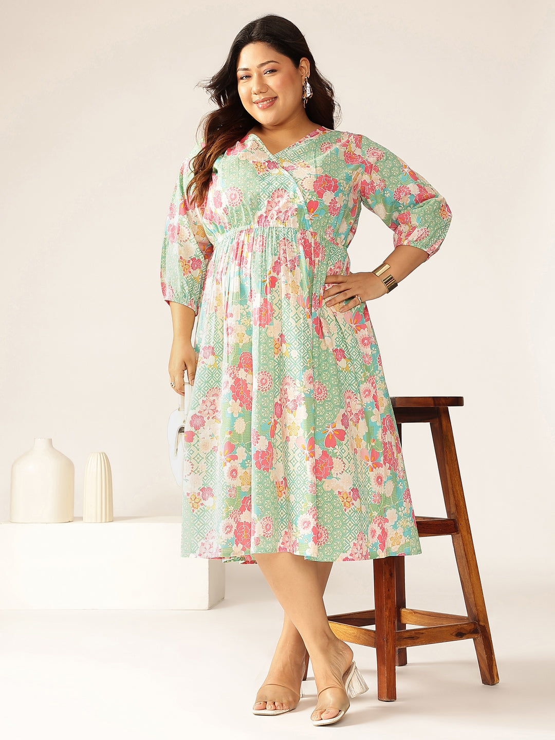 Janasya Bright Cotton Floral A-Line Dress - Distacart