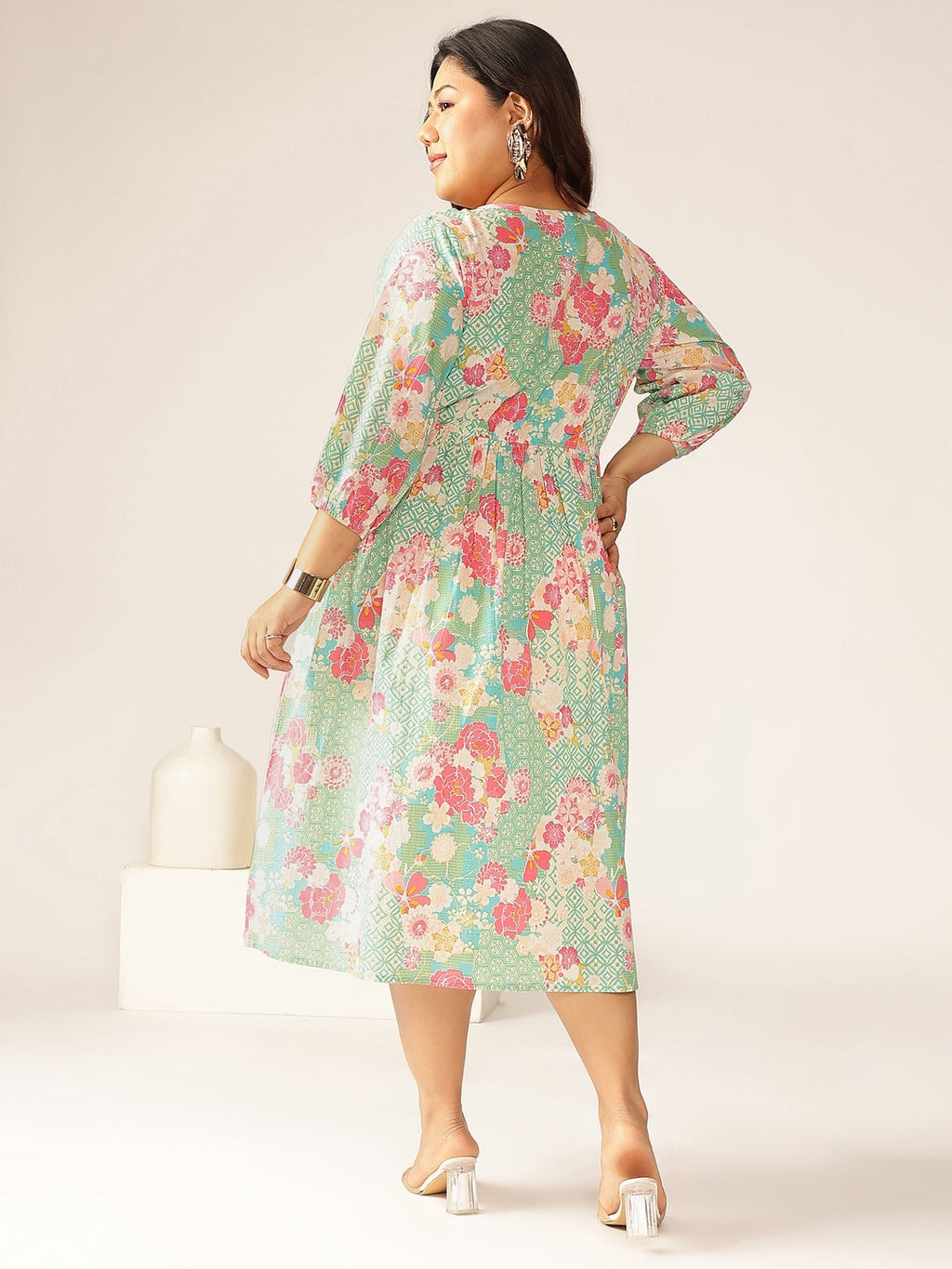 Janasya Bright Cotton Floral A-Line Dress - Distacart