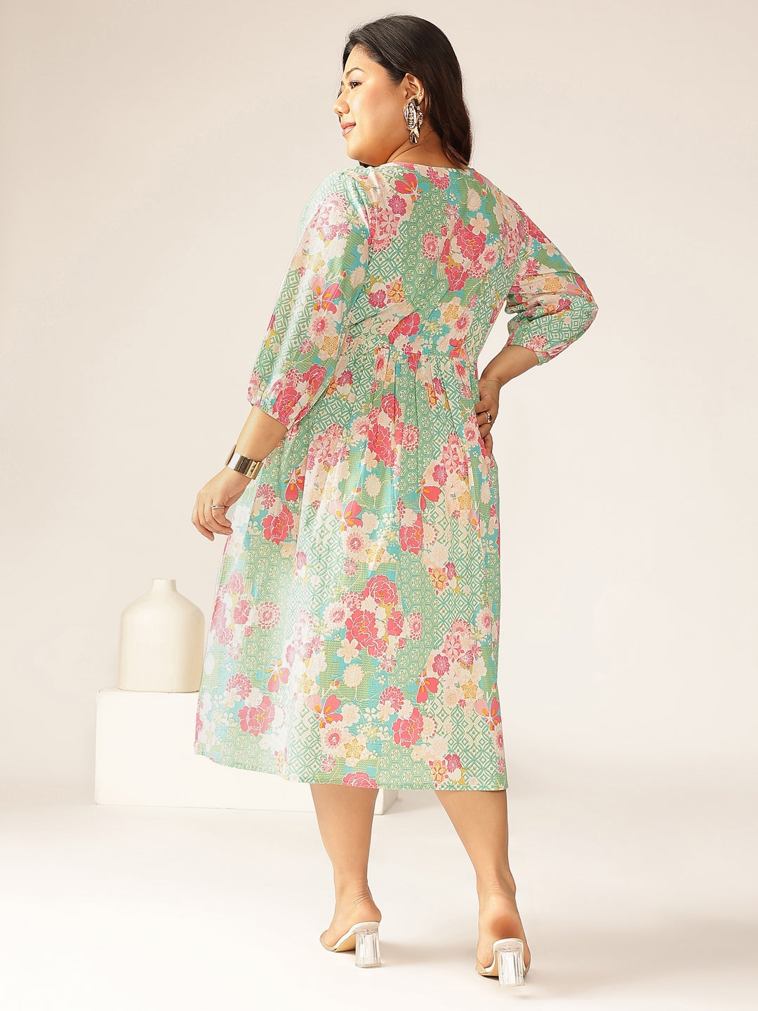 Janasya Bright Cotton Floral A-Line Dress - Distacart