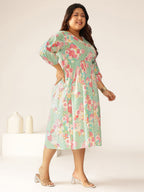 Janasya Bright Cotton Floral A-Line Dress - Distacart