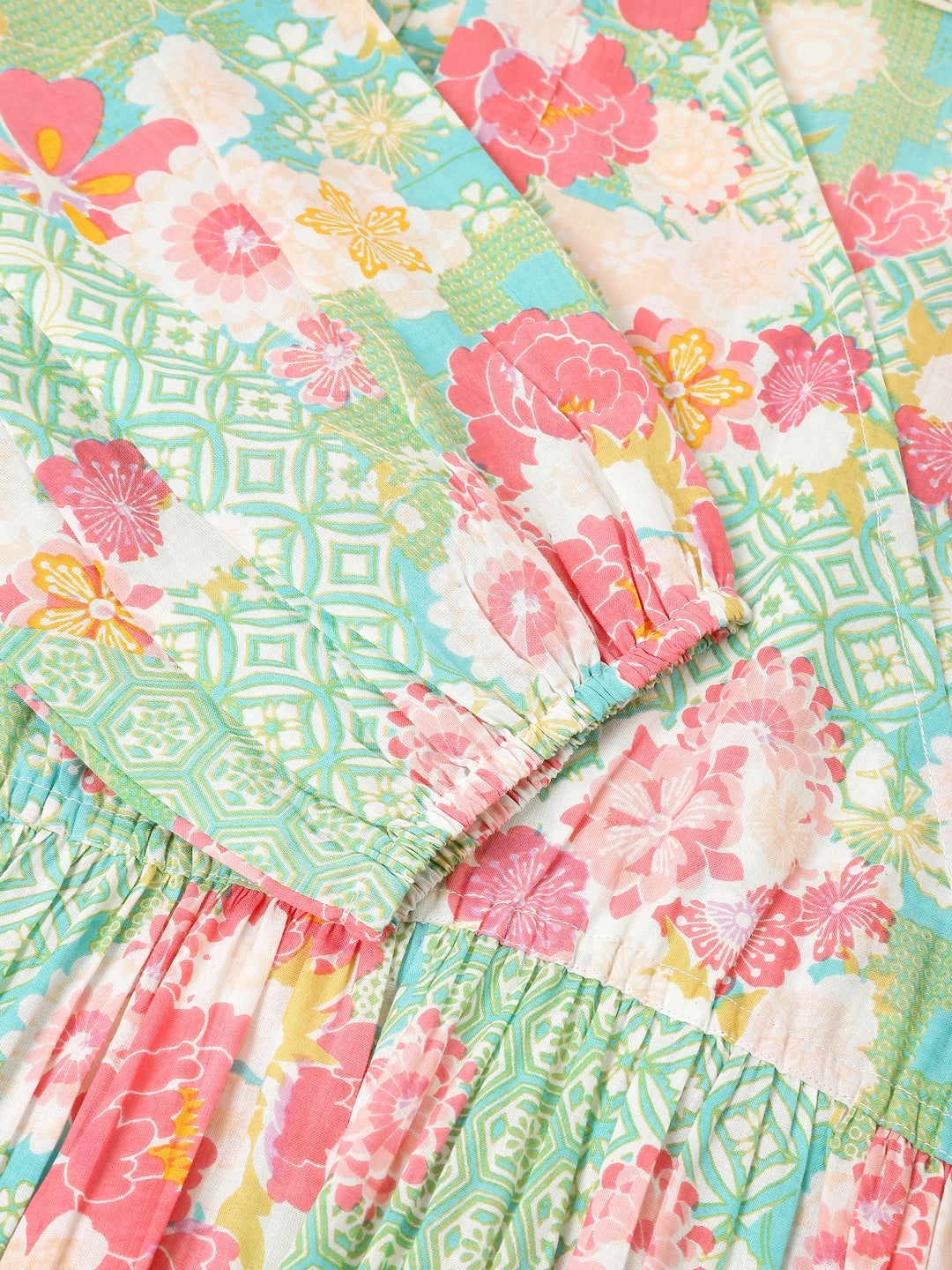 Janasya Bright Cotton Floral A-Line Dress - Distacart