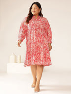 Janasya Bright Cotton Floral A-Line Dress - Distacart