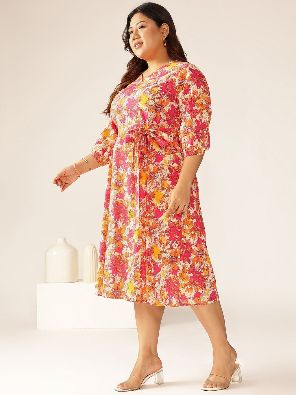 Janasya Bright Cotton Floral A-Line Dress - Distacart