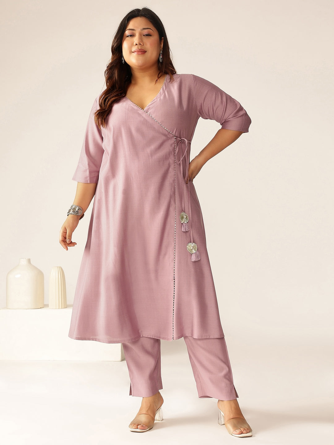 Janasya Light Silk Blend Solid Angrakha Kurta Set - Distacart