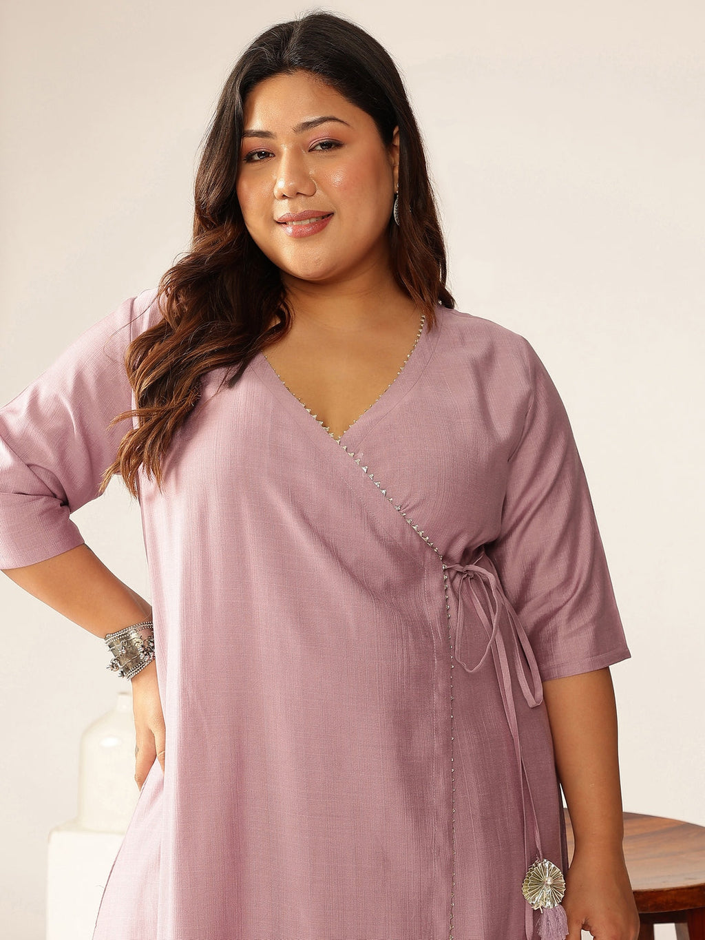 Janasya Light Silk Blend Solid Angrakha Kurta Set - Distacart