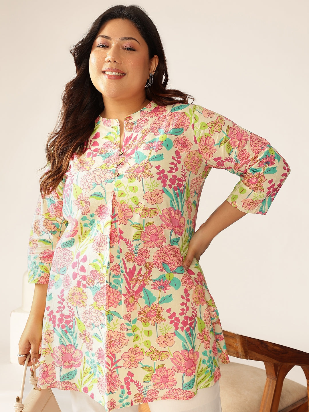 Janasya Bright Cotton Floral A-Line Tunic - Distacart