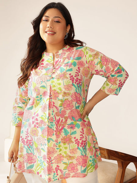 Janasya Bright Cotton Floral A-Line Tunic