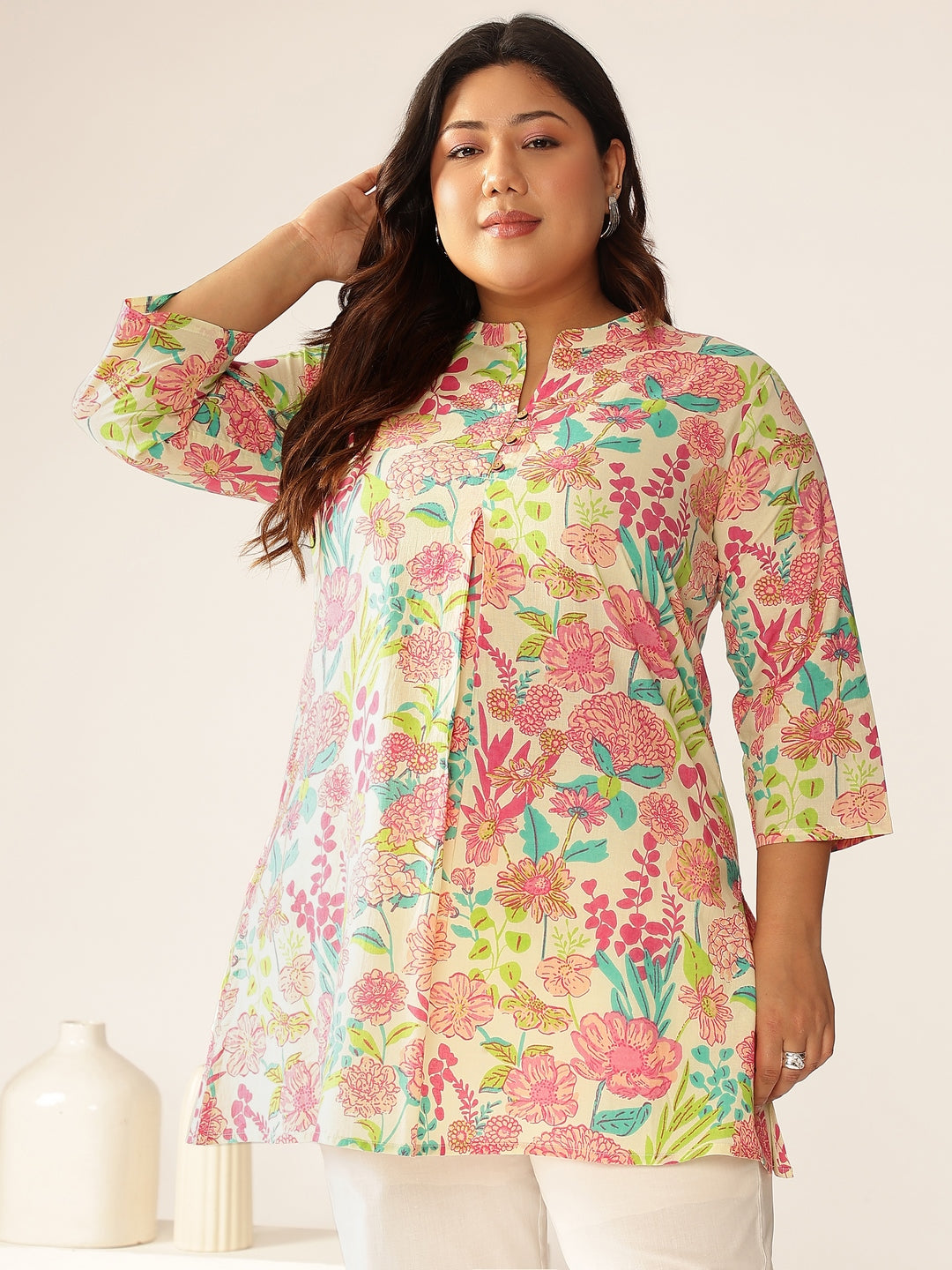Janasya Bright Cotton Floral A-Line Tunic - Distacart