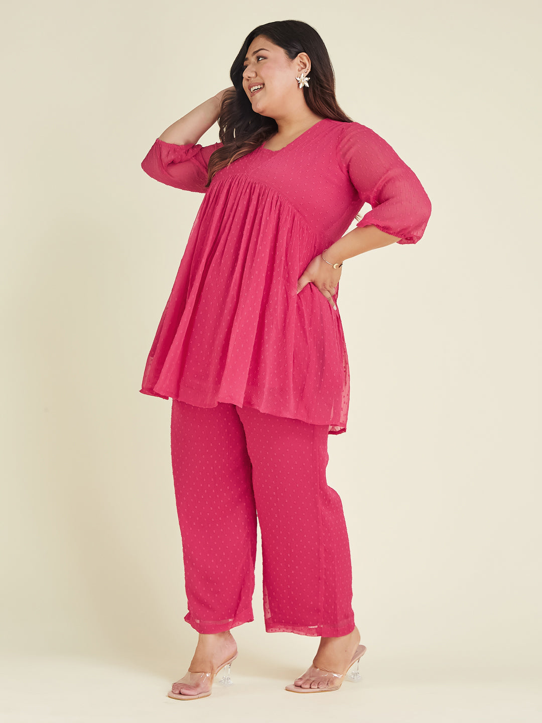 Janasya Bright Dobby Chiffon Self Design A-Line Top & Bottom Set - Distacart