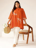 Janasya Dark Cotton Floral A-Line Tunic - Distacart