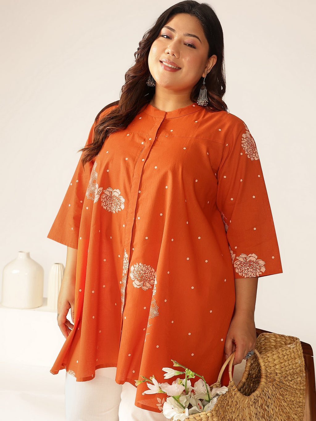 Janasya Dark Cotton Floral A-Line Tunic - Distacart