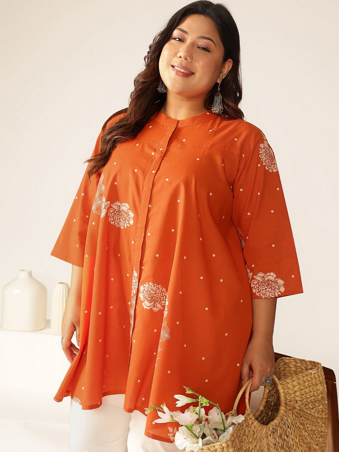 Janasya Dark Cotton Floral A-Line Tunic - Distacart