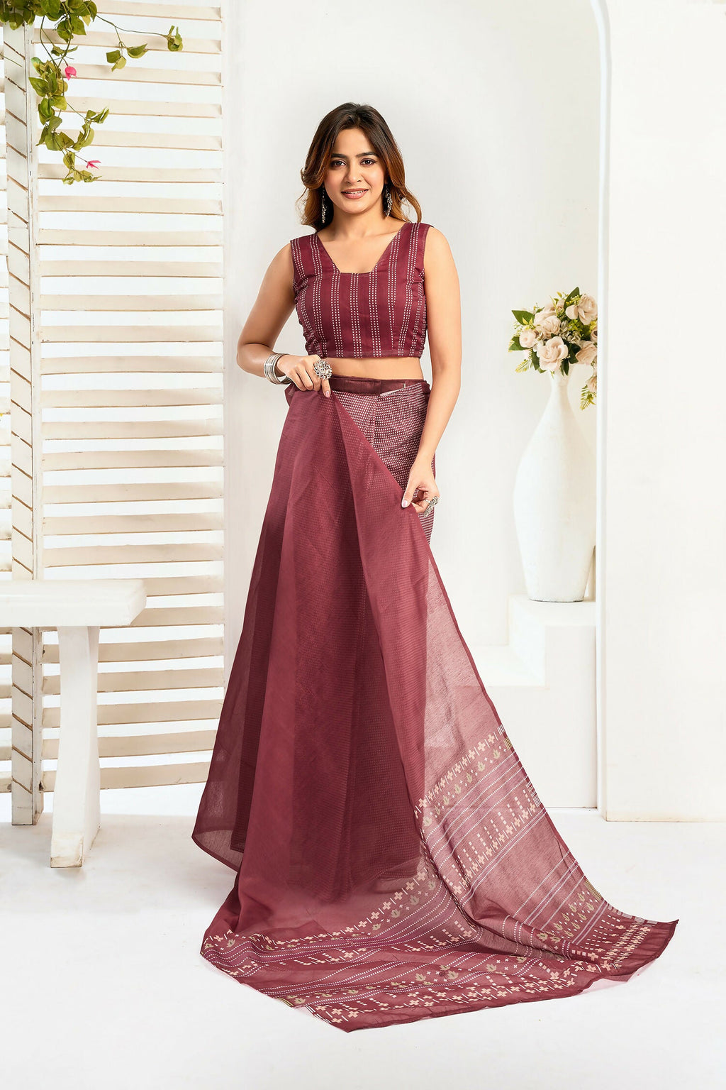 Joban Fashion Maroon Ethnic Motifs Linen Ready To Wear Saree With Unstitched Blouse - Distacart