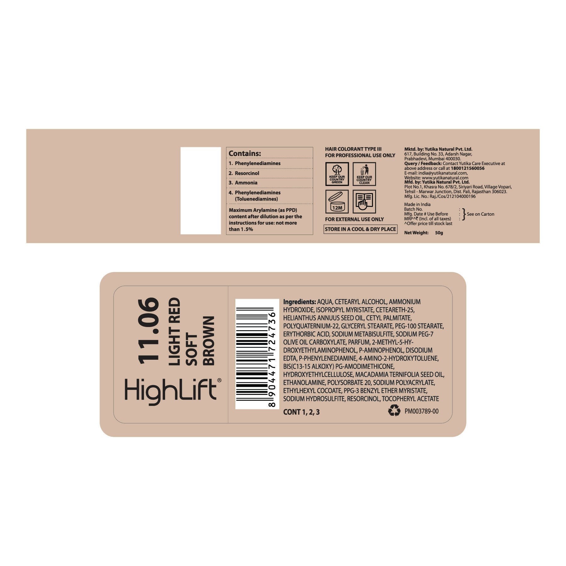 Yuthika Professional High lift Creme Hair Colour 11.06 Light Red Soft Brown - Distacart