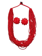 Inhanns Vibrant Handmade 20 Layers Beaded Necklace With Matching Earrings - Red