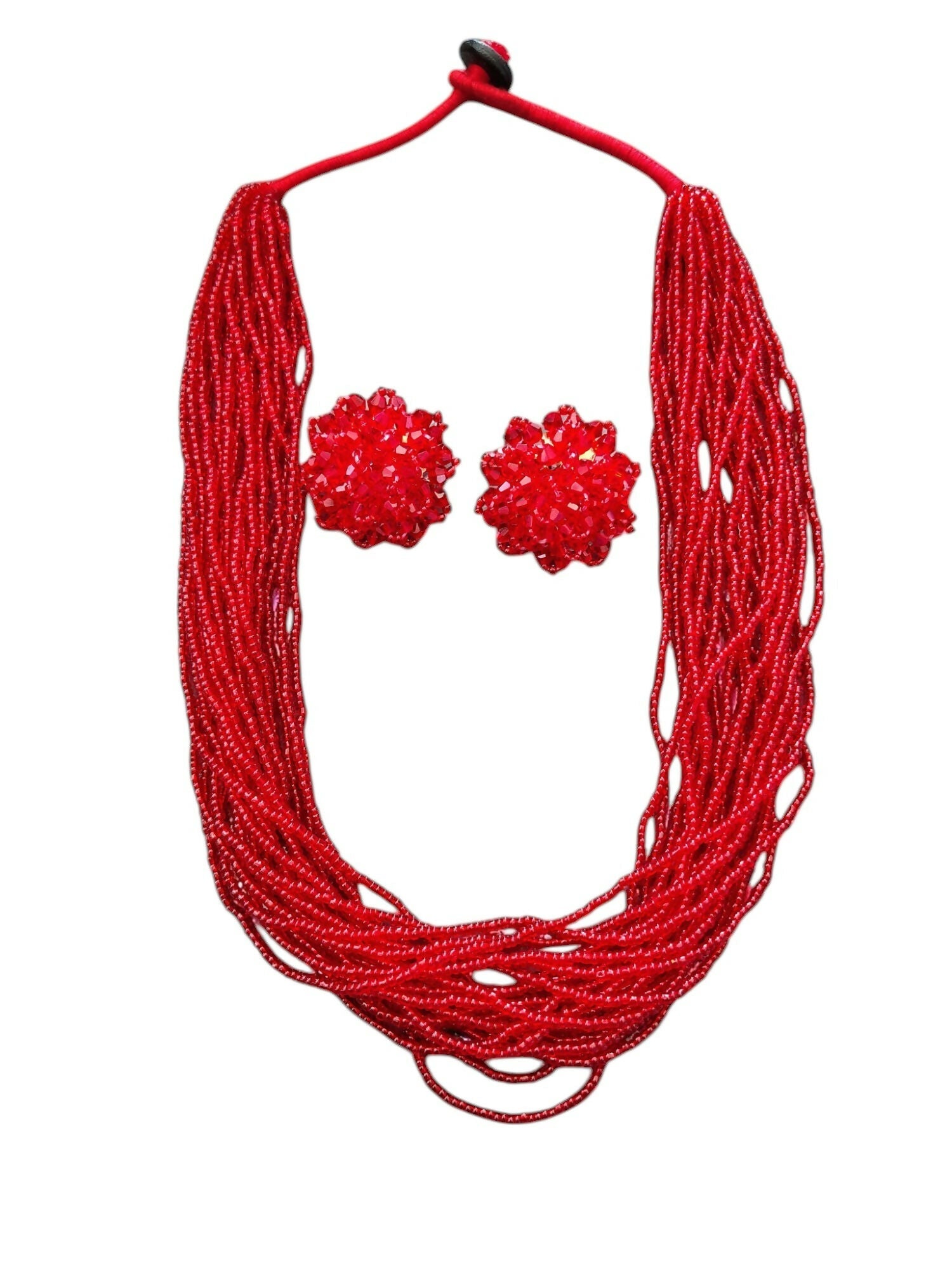 Inhanns Vibrant Handmade 20 Layers Beaded Necklace With Matching Earrings - Red