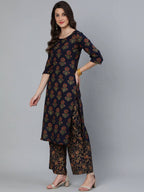 Vamika Printed Rayon Navy Blue Party Wear/Casual Wear Kurta Set/Suit - Distacart
