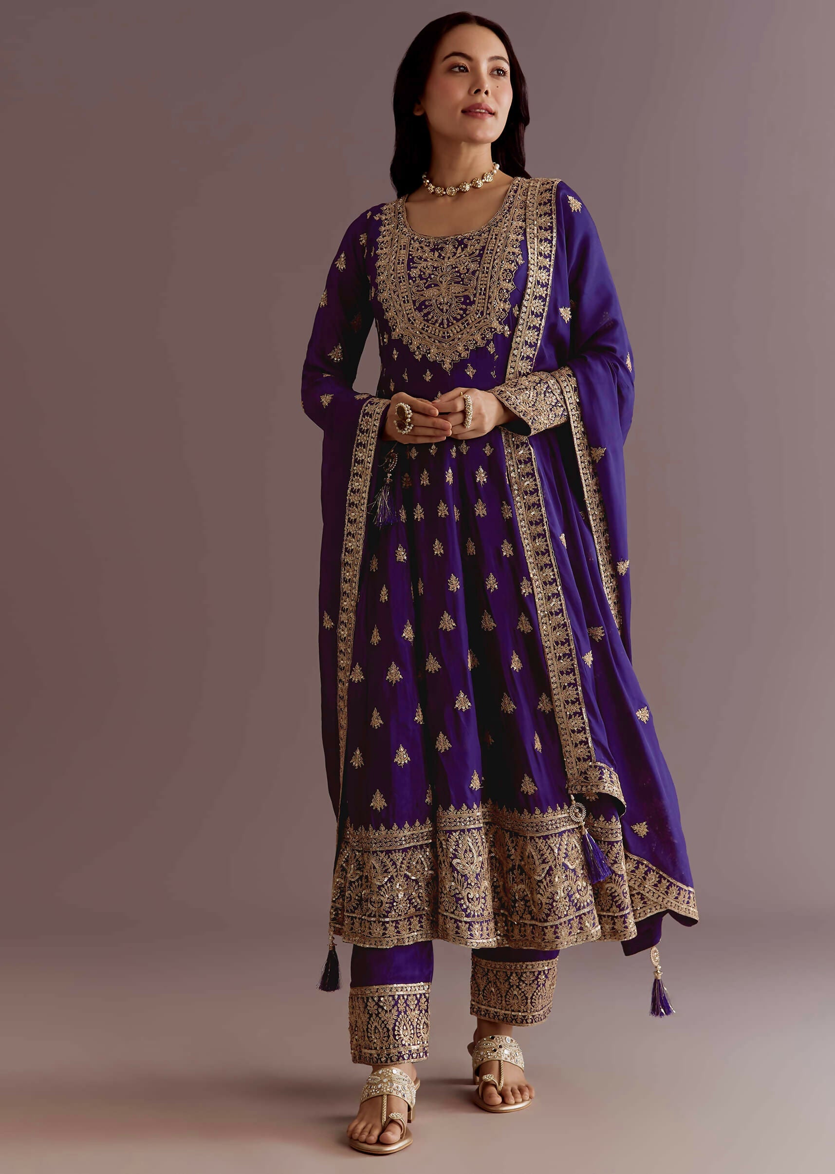 Teeya Creation Purple Color Chinnon Silk Embroidery Work Gown - Distacart