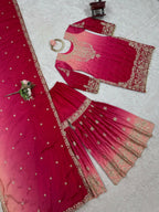 The52 Women's Beautiful Chinon silk Fabric Embroidery Work Straight Kurta Palazzo and Dupatta Set - Distacart