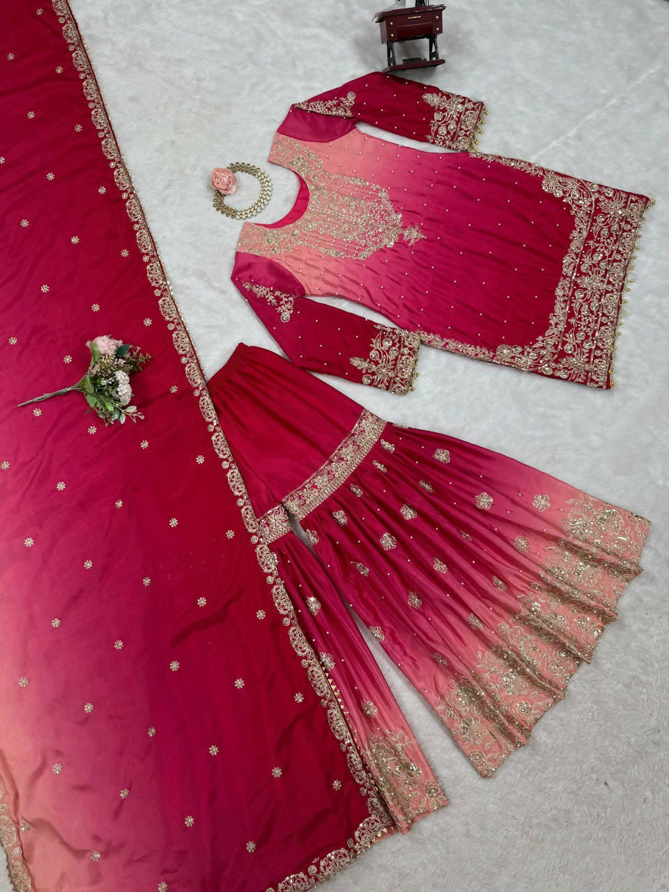 The52 Women's Beautiful Chinon silk Fabric Embroidery Work Straight Kurta Palazzo and Dupatta Set - Distacart