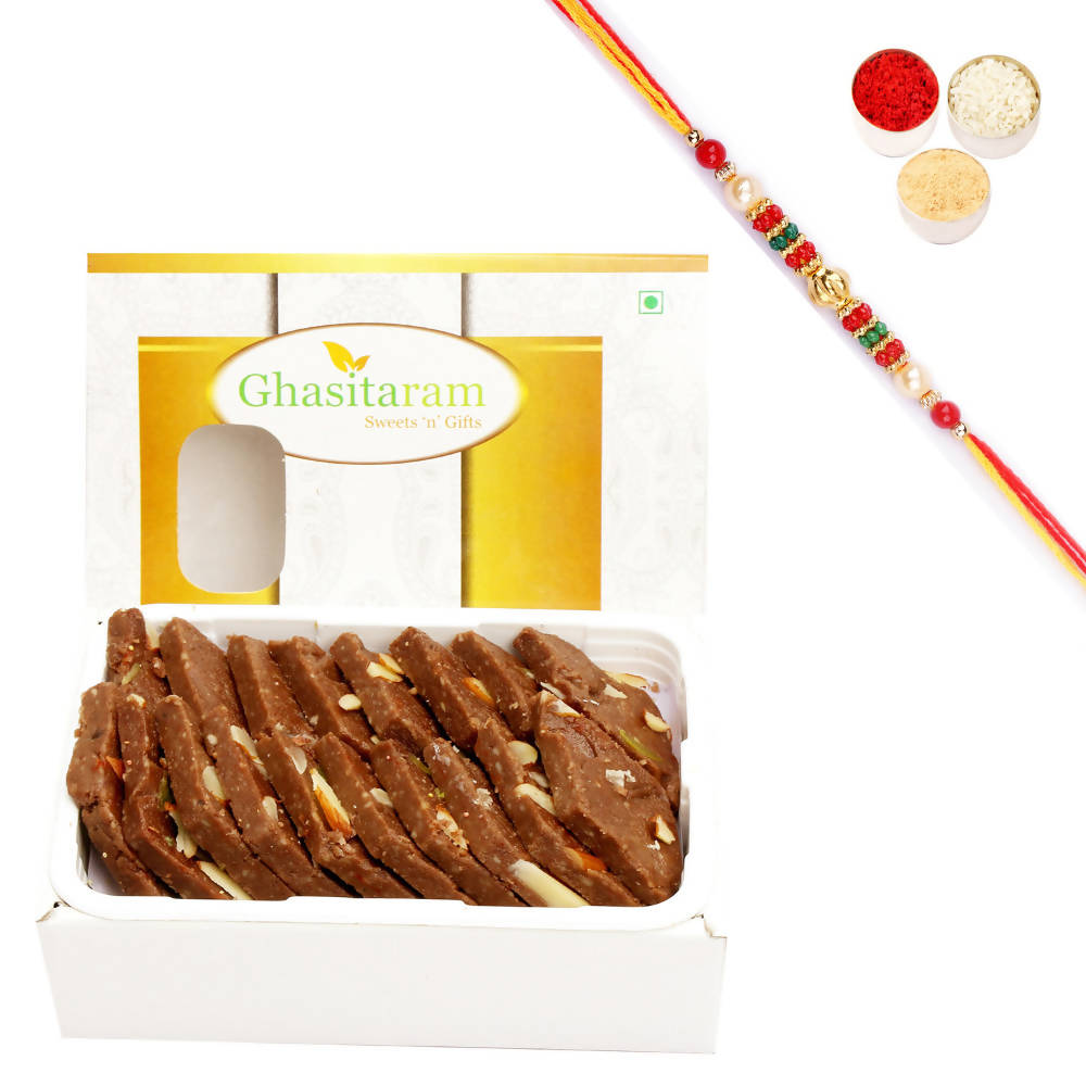 Ghasitaram Chocolate Kaju Katli With Pearl Beads Rakhi - Distacart