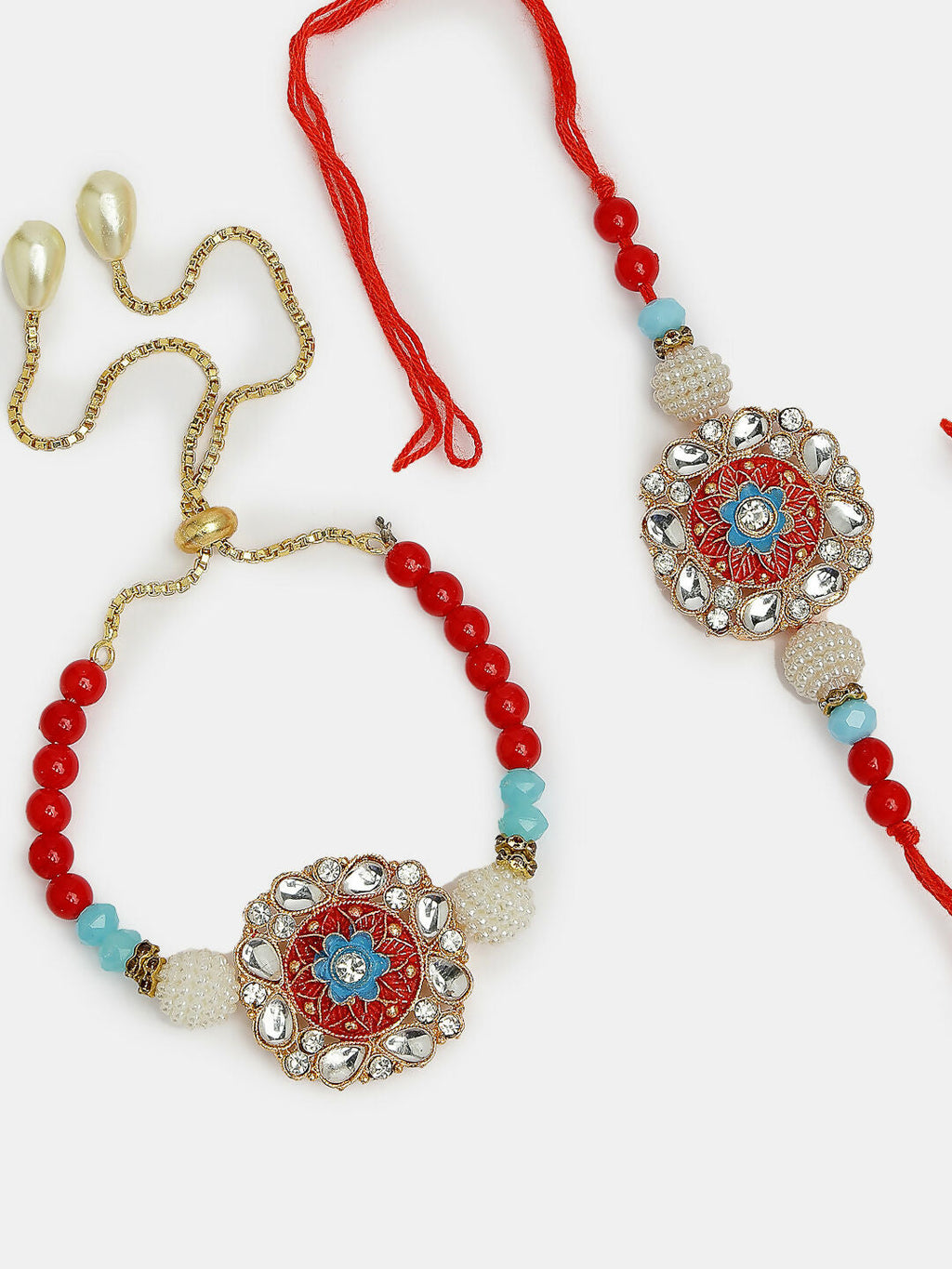 NVR Women & Men Set of 2 Red-colored Stone-Studded & Beaded Bhaiya Bhabhi Rakhi With Roli Chawal & Chocolate - Distacart