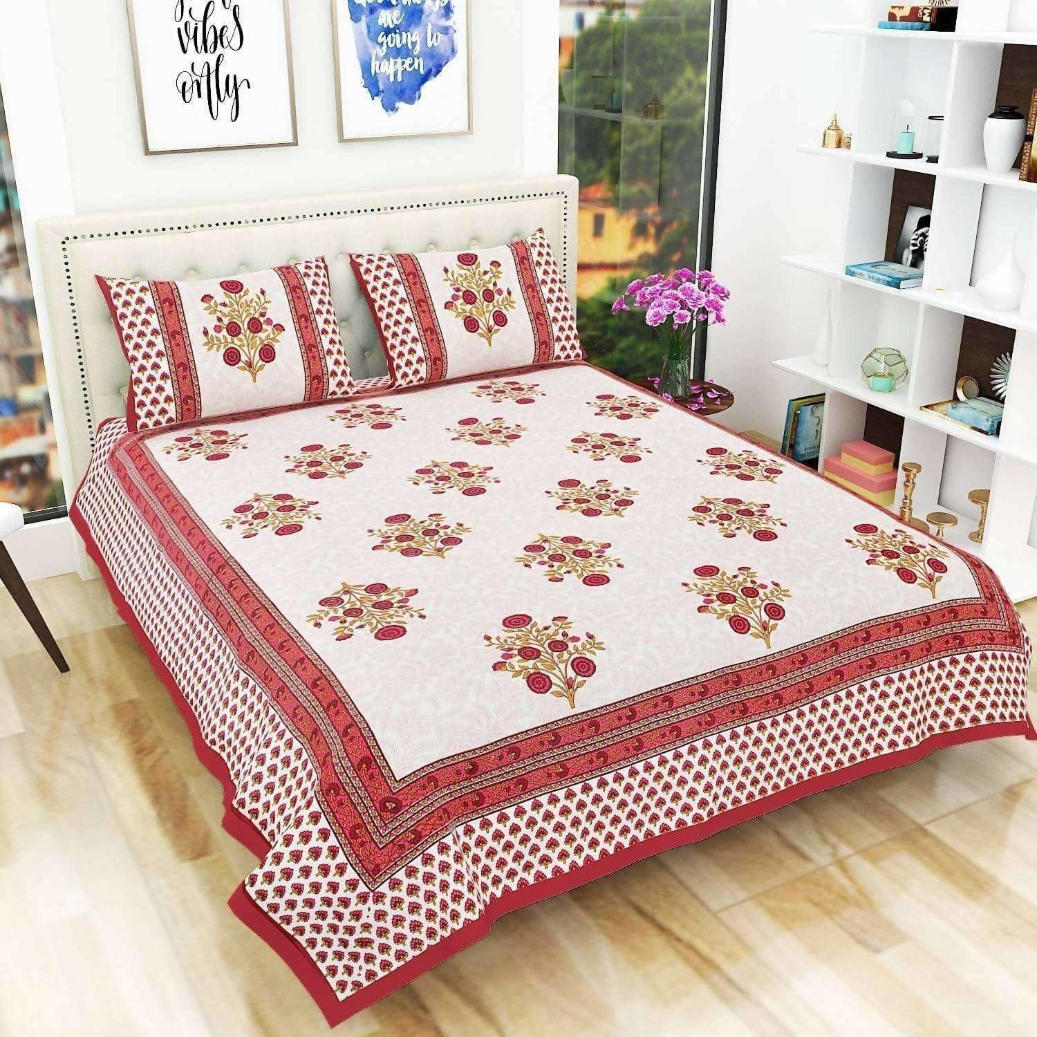 Floral Print Queen Size 90x108 Inches Jaipuri Flat Bed Sheet Bedspread with 2 Pillowcases