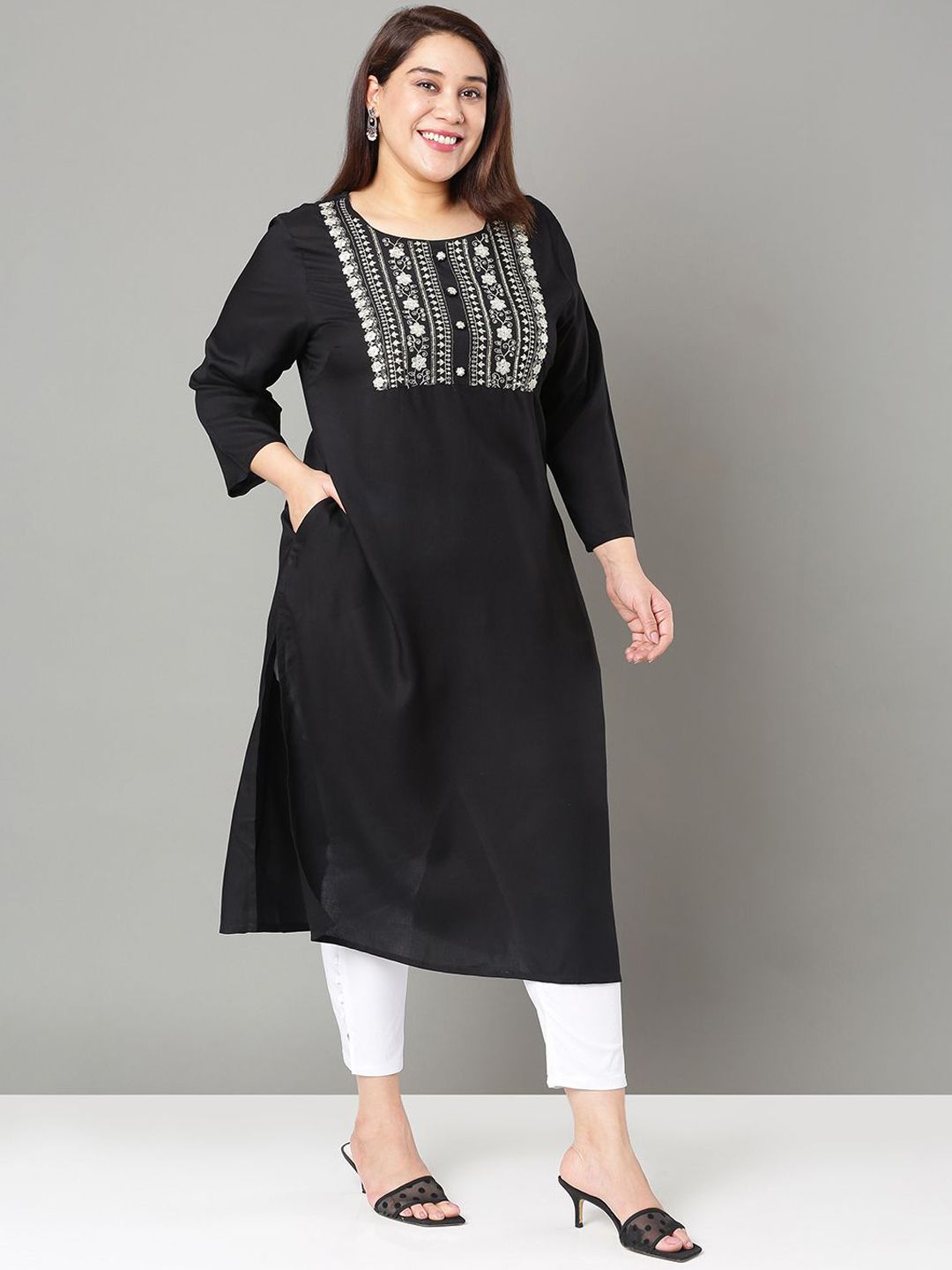Sztori Floral Embroidered Yoke Design Sequined Straight Kurta