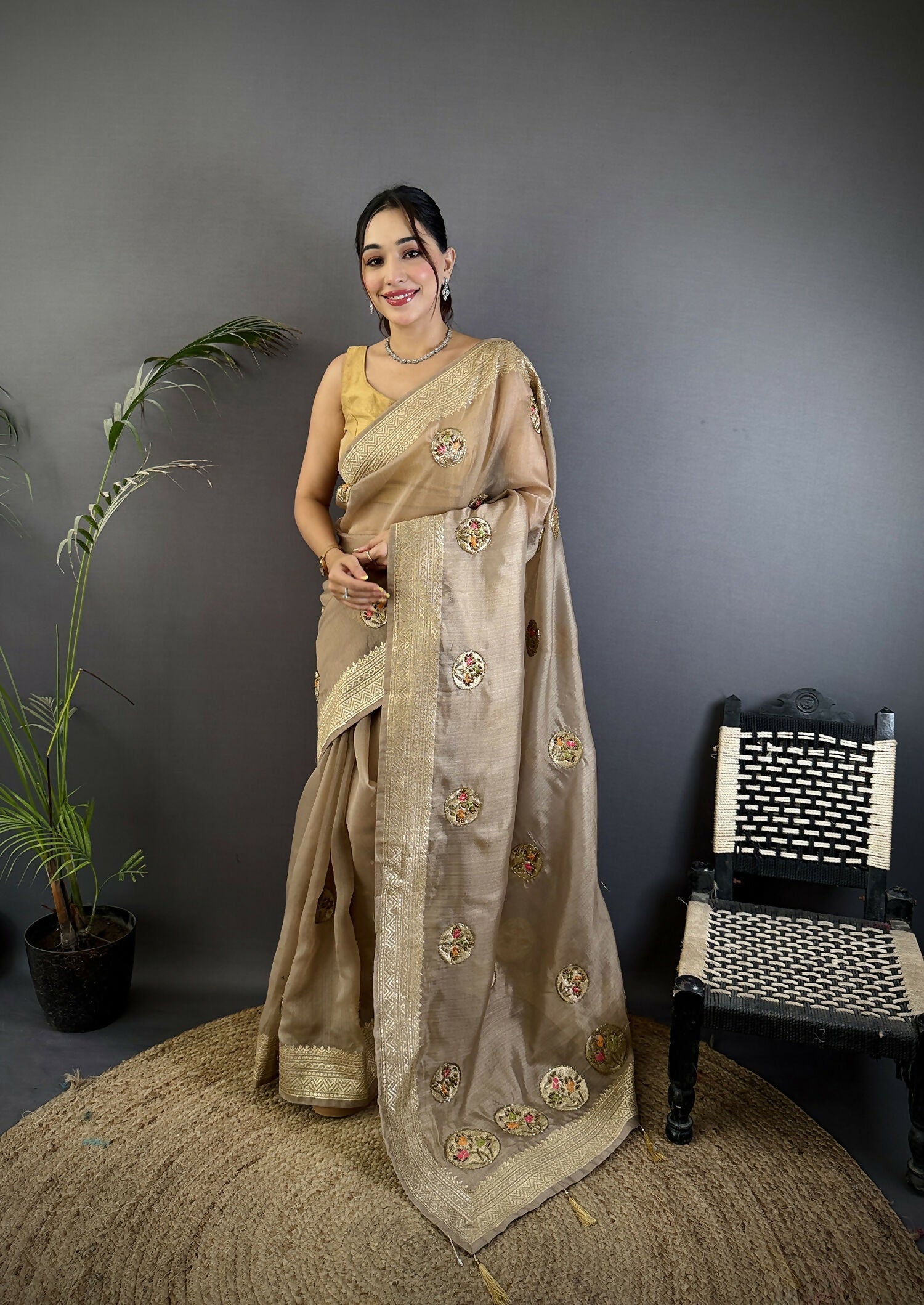 Joban Fashion Mud Brown Handloom Banarasi Organza Silk Khatali Butta Work Saree - Distacart