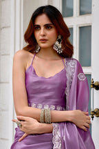 Vastranavya Lavender Embroidery Work Shimmer Chiffon Saree with Unstitched Blouse - Distacart