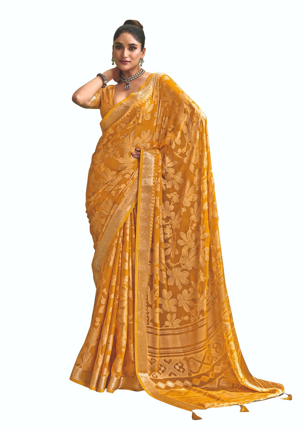 Joban Fashion Yellow Dull Moss Brasso With Kasab Zari Border Saree & Tassels With Brasso Blouse - Distacart