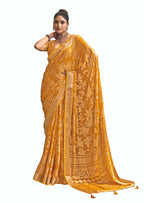 Joban Fashion Yellow Dull Moss Brasso With Kasab Zari Border Saree & Tassels With Brasso Blouse - Distacart