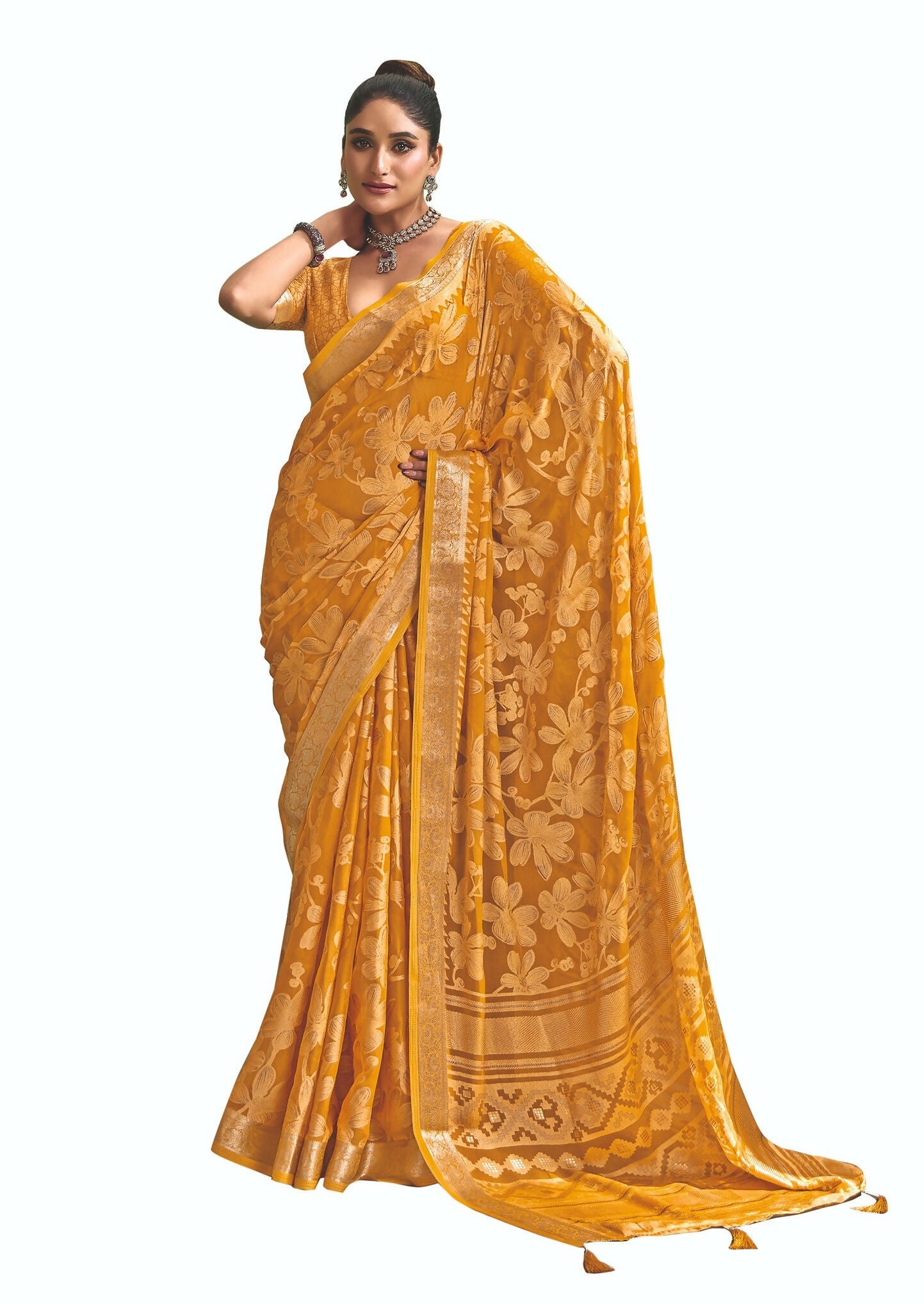 Joban Fashion Yellow Dull Moss Brasso With Kasab Zari Border Saree & Tassels With Brasso Blouse - Distacart