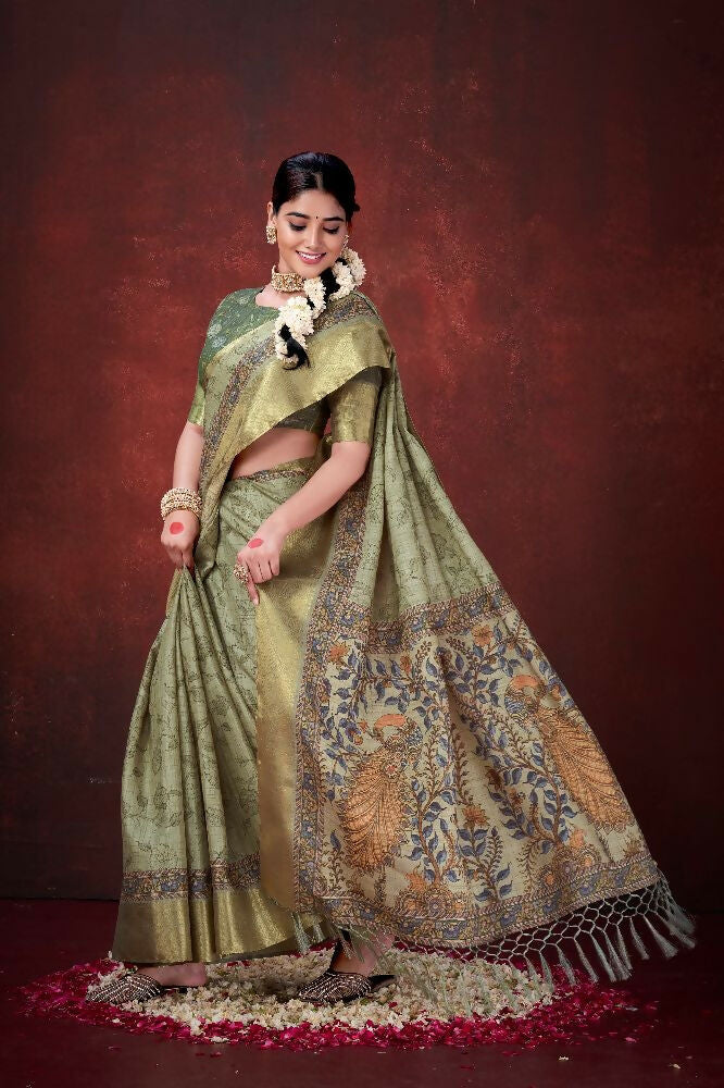 Pista Green Poly Habotai Silk Foil Print Saree with Unstitched Blouse - Kathari