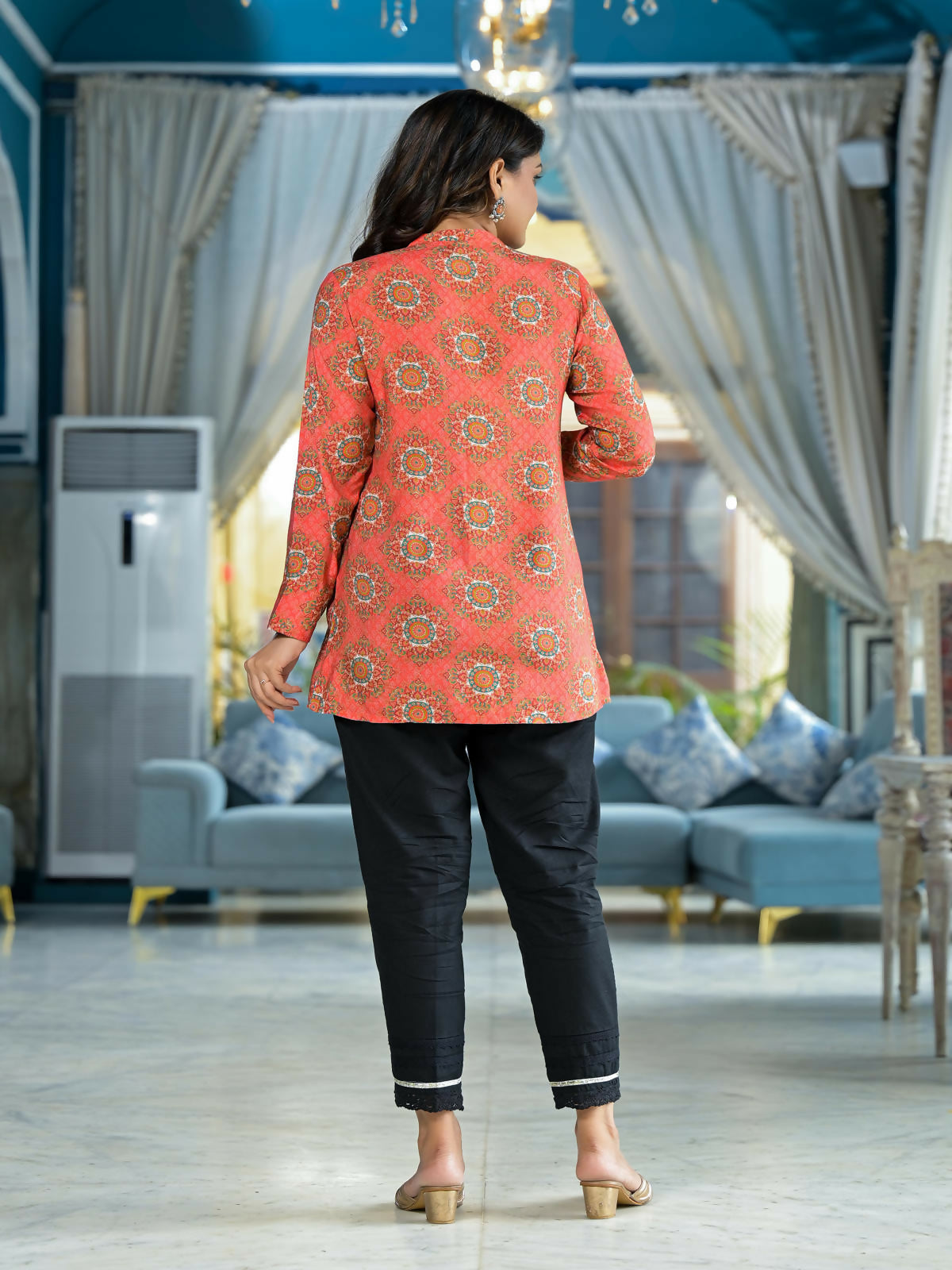 Juniper Women's Orange Ethnic Motif Printed Viscose Tunic With Buttons Detailing
