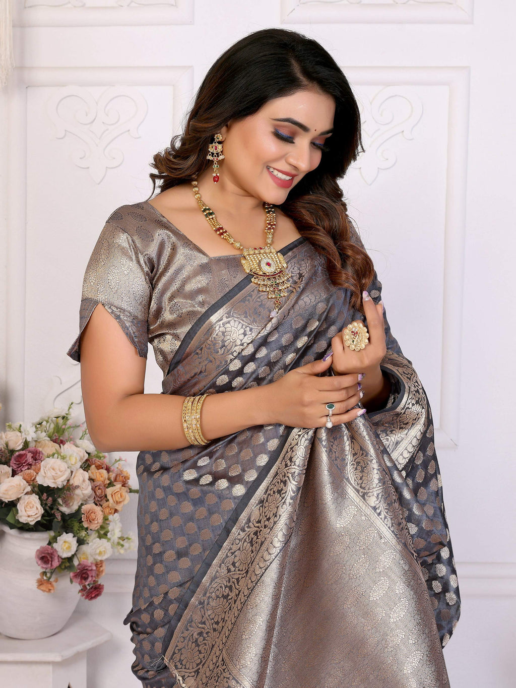 Aastha Fashion Grey Organza Silk Weaving Saree - Distacart