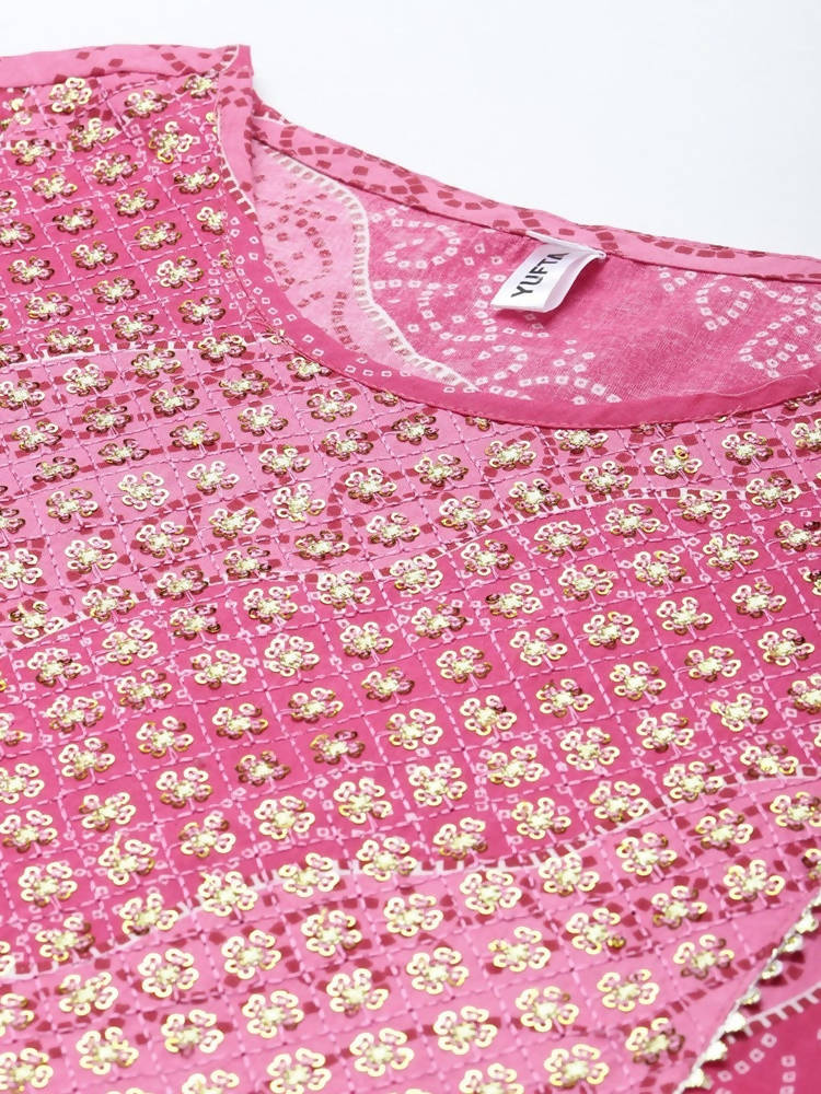 Yufta Women Pink Bandhani Yoke Design Pure Cotton Kurta with Palazzo and Dupatta